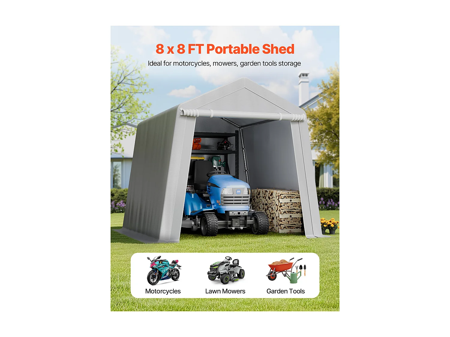 Wiata Ogrodowa SucceBuy, 245 x 245 cm, Namiot do Przechowywania, z Zamykaną na Zamek Błyskawiczny Roletą, Garaż Zewnętrzny na Motocykle, Rowery, Szary