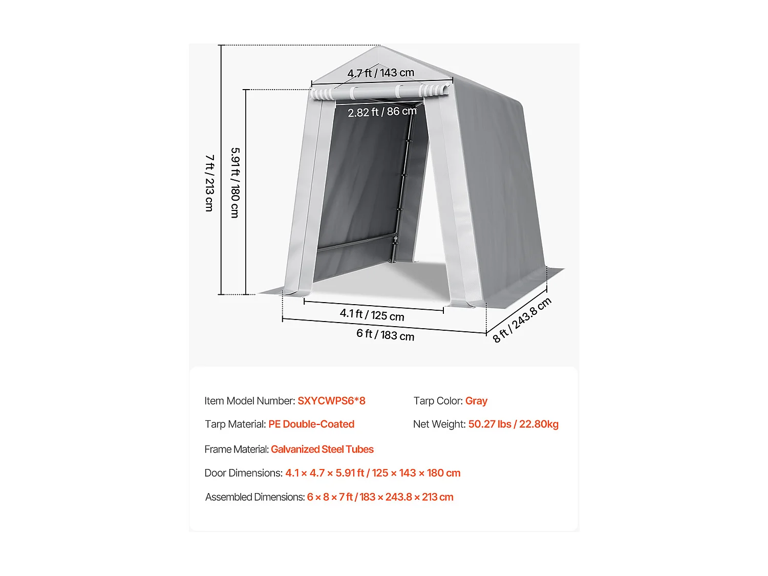 Cobertizo de Jardín SucceBuy, 183 x 245 cm, Tienda de Almacenamiento con Doble Puerta con Cremallera Enrollable, Garaje Exterior para Motos, Bicicletas, Gris