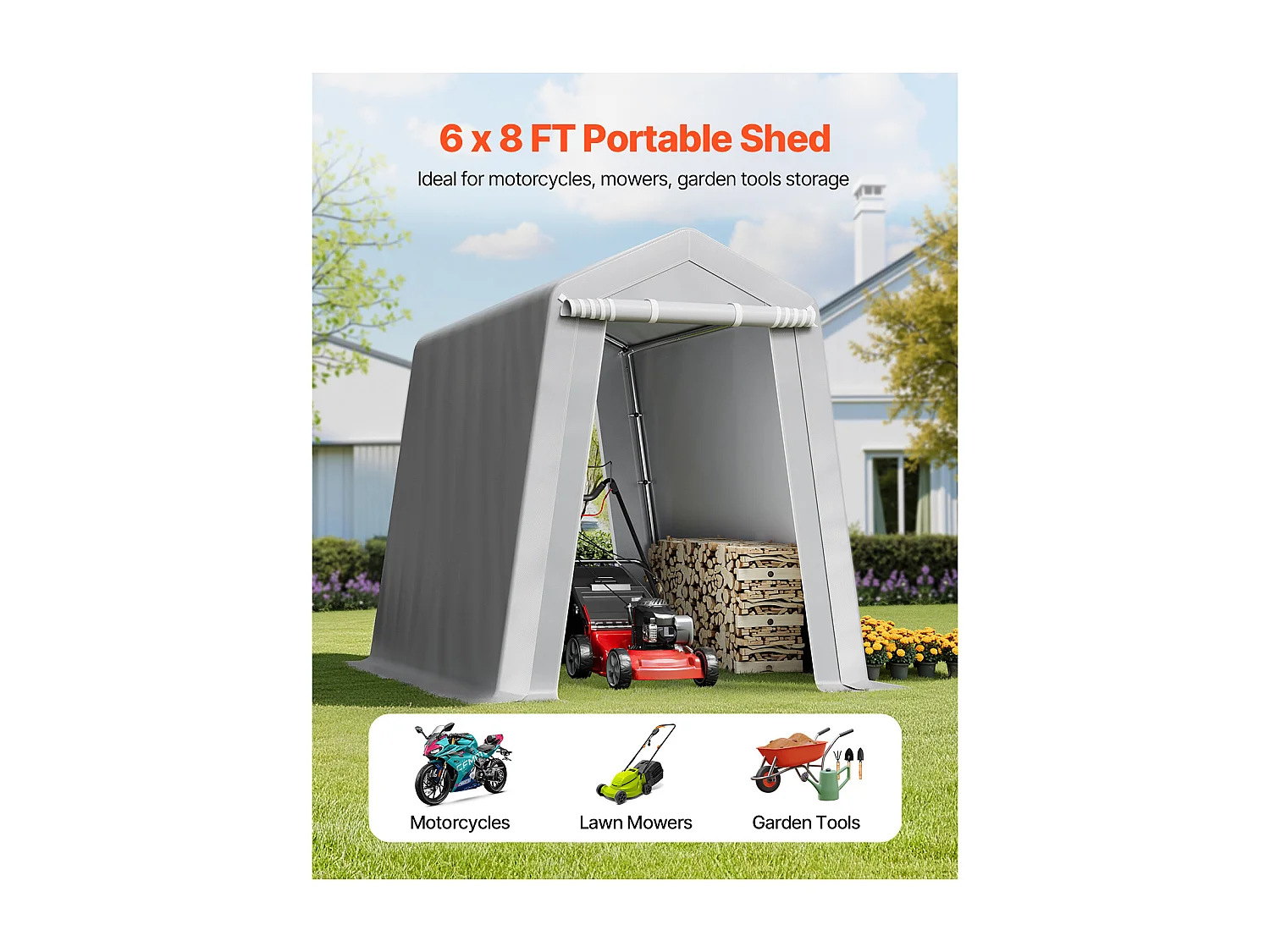 Cobertizo de Jardín SucceBuy, 183 x 245 cm, Tienda de Almacenamiento con Doble Puerta con Cremallera Enrollable, Garaje Exterior para Motos, Bicicletas, Gris