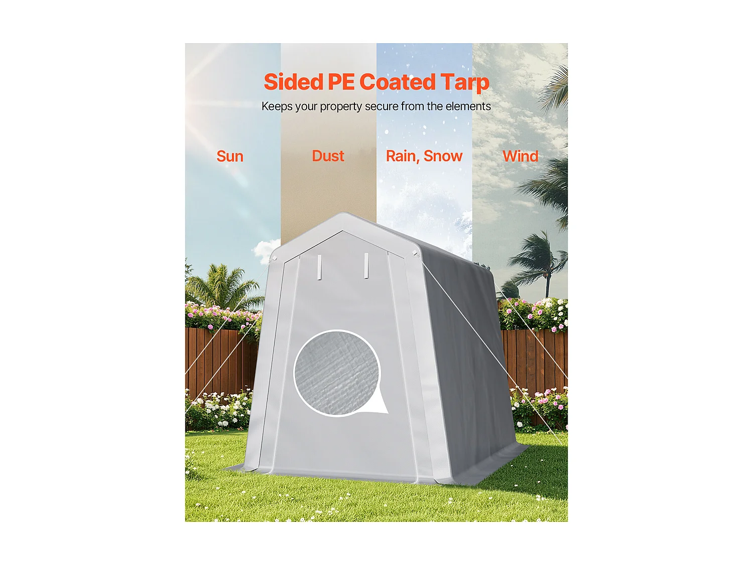 Cobertizo de Jardín SucceBuy, 183 x 245 cm, Tienda de Almacenamiento con Doble Puerta con Cremallera Enrollable, Garaje Exterior para Motos, Bicicletas, Gris