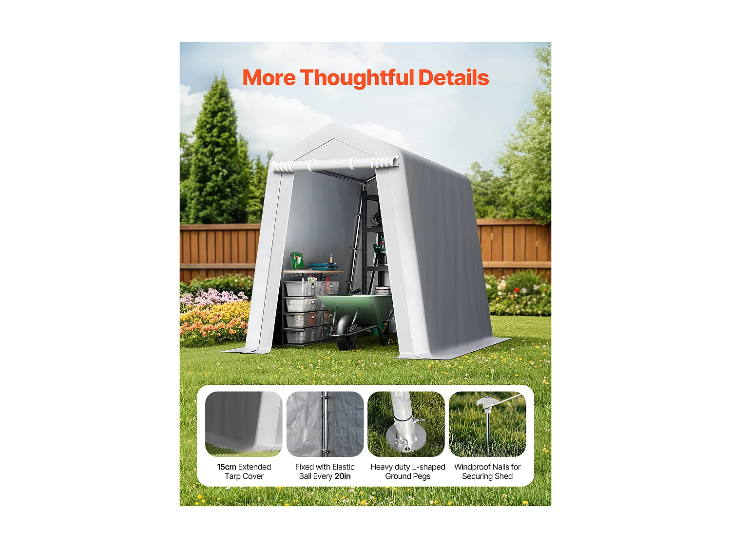 Cobertizo de Jardín SucceBuy, 183 x 245 cm, Tienda de Almacenamiento con Doble Puerta con Cremallera Enrollable, Garaje Exterior para Motos, Bicicletas, Gris