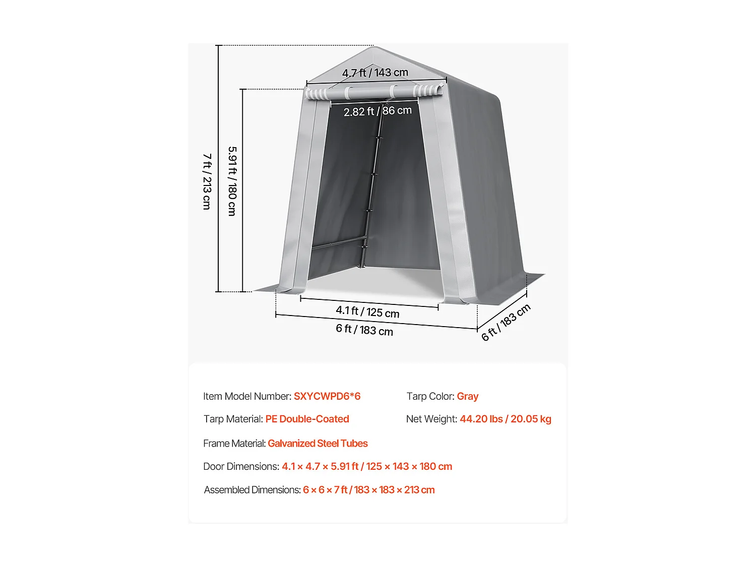 Riparo da Giardino SucceBuy, 183x183 cm, Tenda Portaoggetti, con Porta con Cerniera Avvolgibile, Garage Esterno per Moto, Biciclette, Attrezzi da Giardino, Grigio