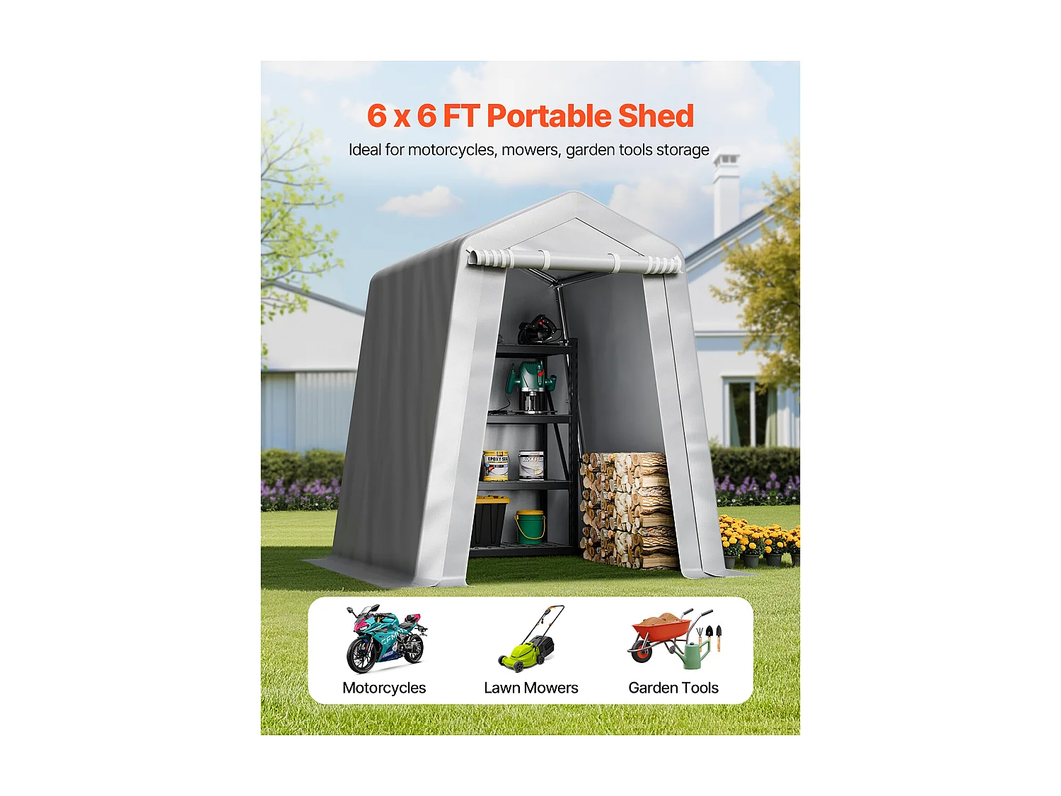 Riparo da Giardino SucceBuy, 183x183 cm, Tenda Portaoggetti, con Porta con Cerniera Avvolgibile, Garage Esterno per Moto, Biciclette, Attrezzi da Giardino, Grigio