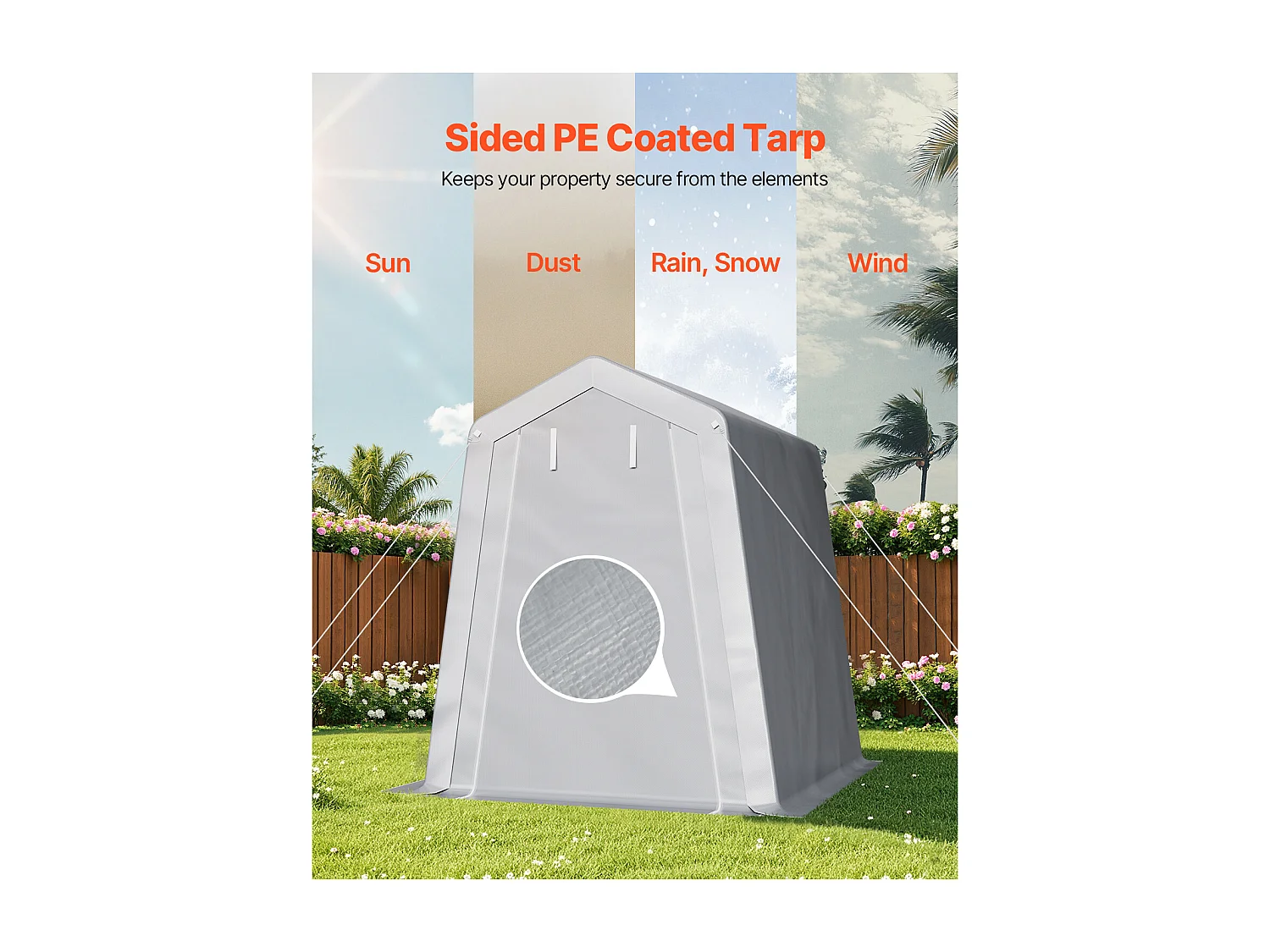 Riparo da Giardino SucceBuy, 183x183 cm, Tenda Portaoggetti, con Porta con Cerniera Avvolgibile, Garage Esterno per Moto, Biciclette, Attrezzi da Giardino, Grigio