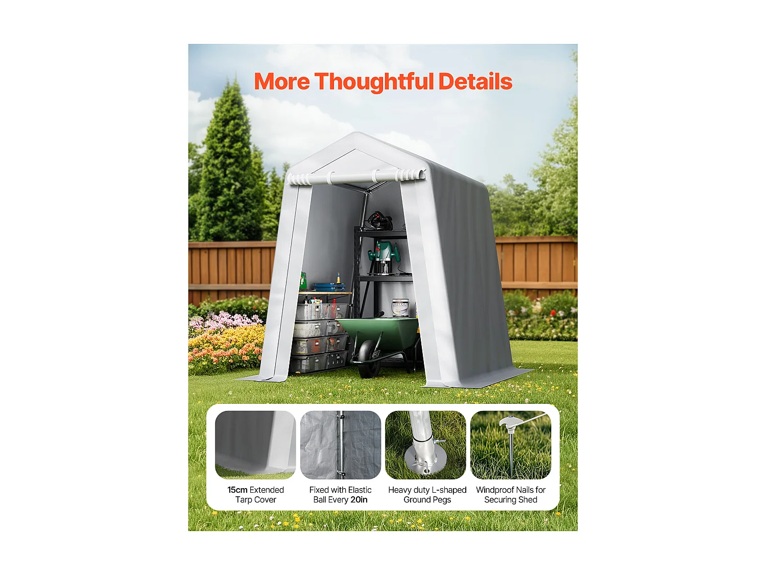 Riparo da Giardino SucceBuy, 183x183 cm, Tenda Portaoggetti, con Porta con Cerniera Avvolgibile, Garage Esterno per Moto, Biciclette, Attrezzi da Giardino, Grigio