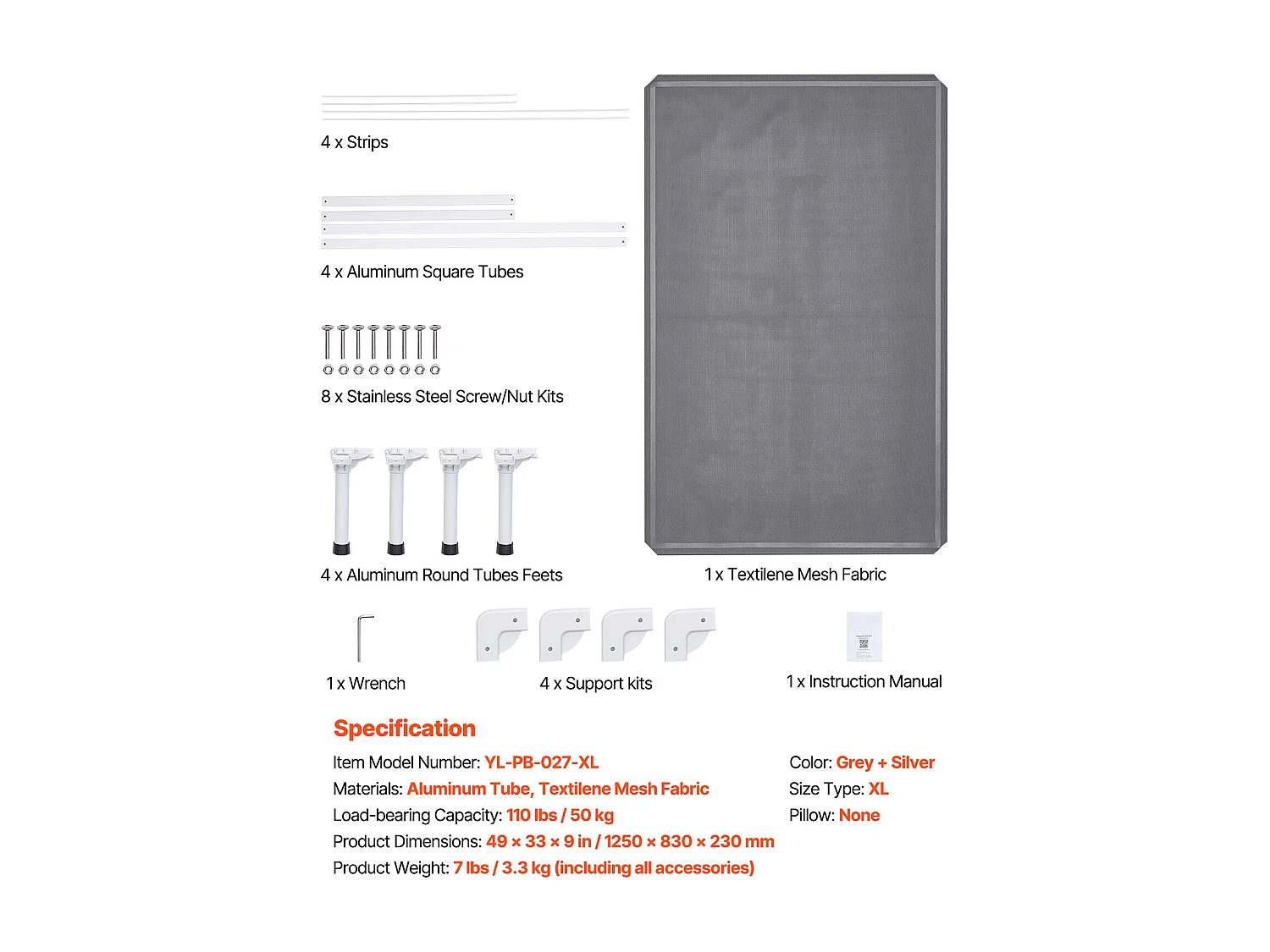 Verhoogd Bed SucceBuy voor Honden, Veldbed voor Huisdieren met Aluminium Buizenframe en Ademend Gaas, XL, Grijs
