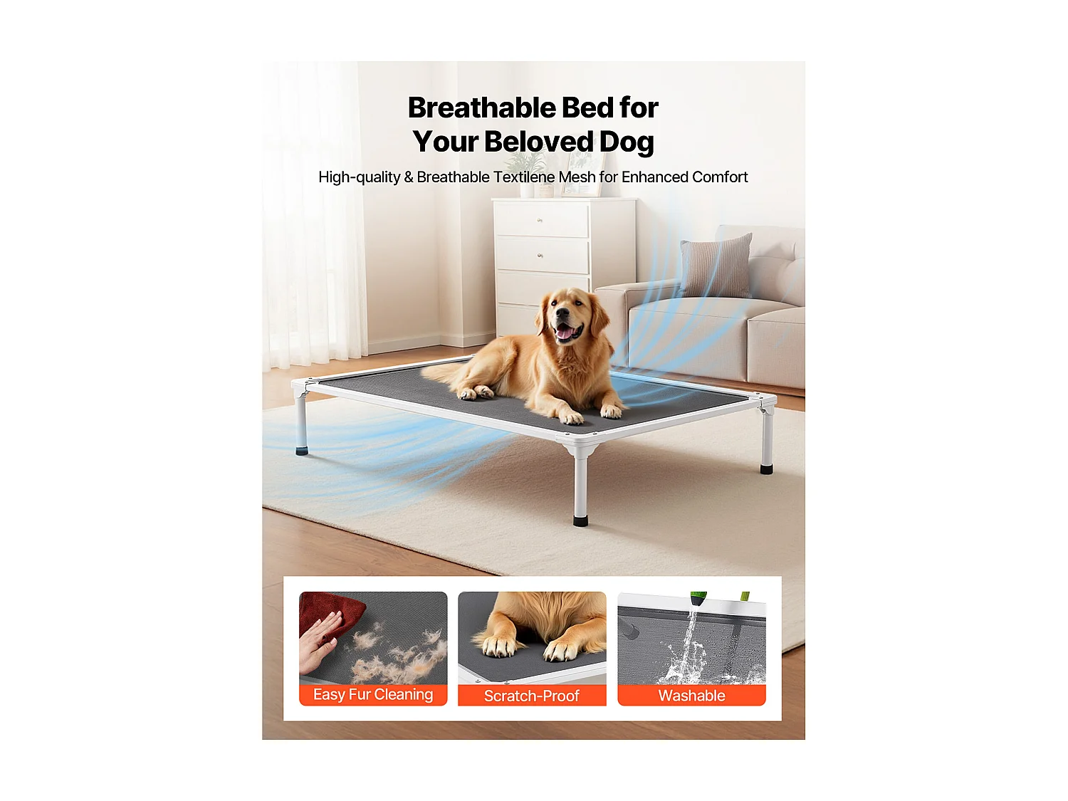 Verhoogd Bed SucceBuy voor Honden, Veldbed voor Huisdieren met Aluminium Buizenframe en Ademend Gaas, XL, Grijs