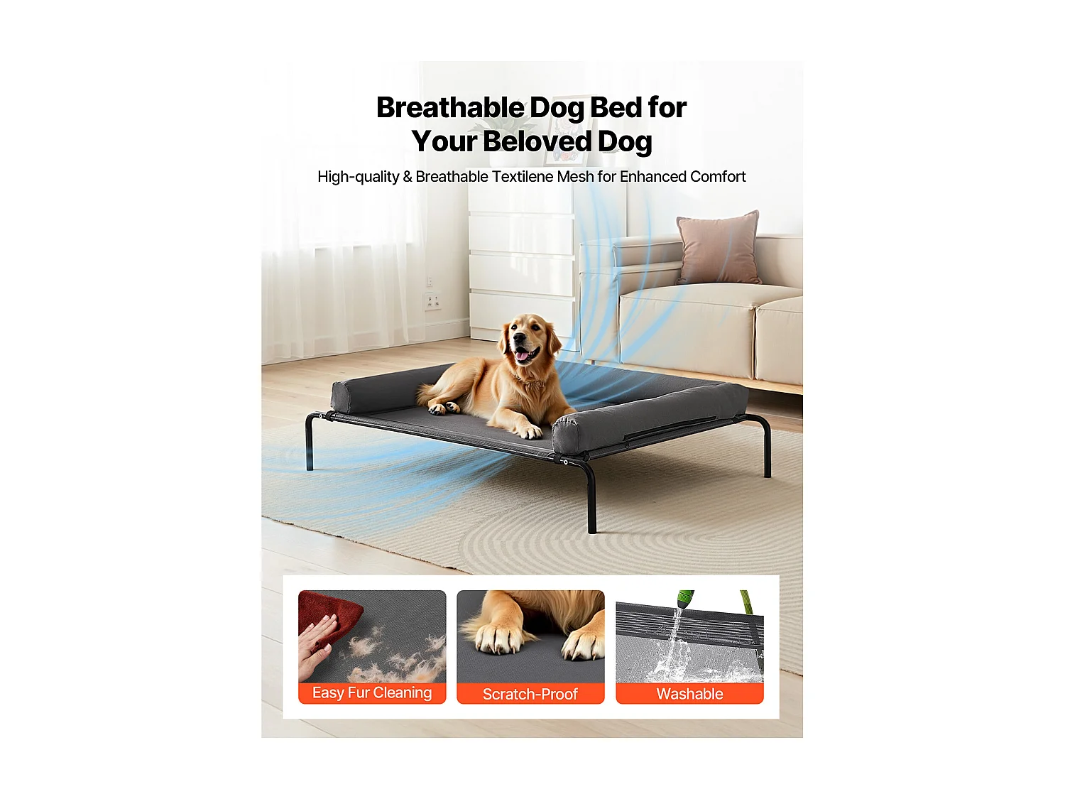 Podwyższone Łóżko SucceBuy dla Psów, Łóżko Polowe dla Zwierząt Domowych z Poduszką Nadającą Się do Prania, ze Stalową Ramą i Oddychającą Siatką, XL, Szare