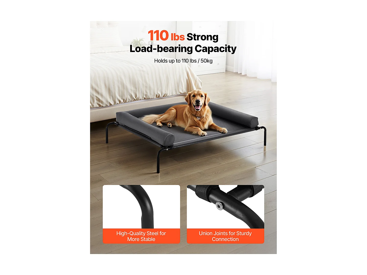 Podwyższone Łóżko SucceBuy dla Psów, Łóżko Polowe dla Zwierząt Domowych z Poduszką Nadającą Się do Prania, ze Stalową Ramą i Oddychającą Siatką, XL, Szare