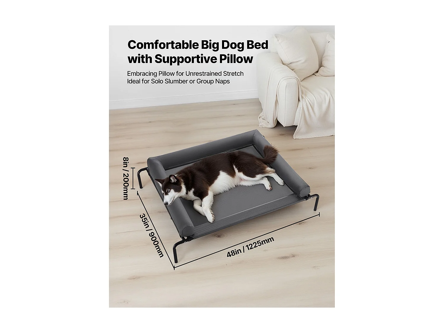 Podwyższone Łóżko SucceBuy dla Psów, Łóżko Polowe dla Zwierząt Domowych z Poduszką Nadającą Się do Prania, ze Stalową Ramą i Oddychającą Siatką, XL, Szare