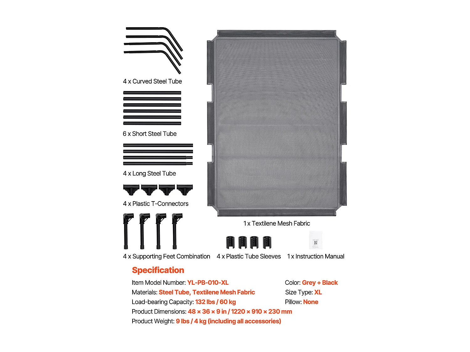 Verhoogd Bed SucceBuy voor Honden, Draagbaar Veldbed voor Huisdieren, met Stalen Frame en Ademend Gaas, XL, Grijs