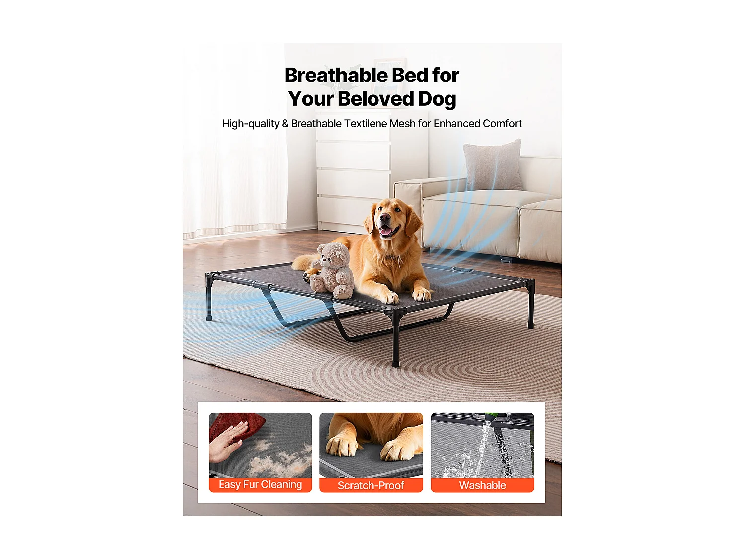 Verhoogd Bed SucceBuy voor Honden, Draagbaar Veldbed voor Huisdieren, met Stalen Frame en Ademend Gaas, XL, Grijs