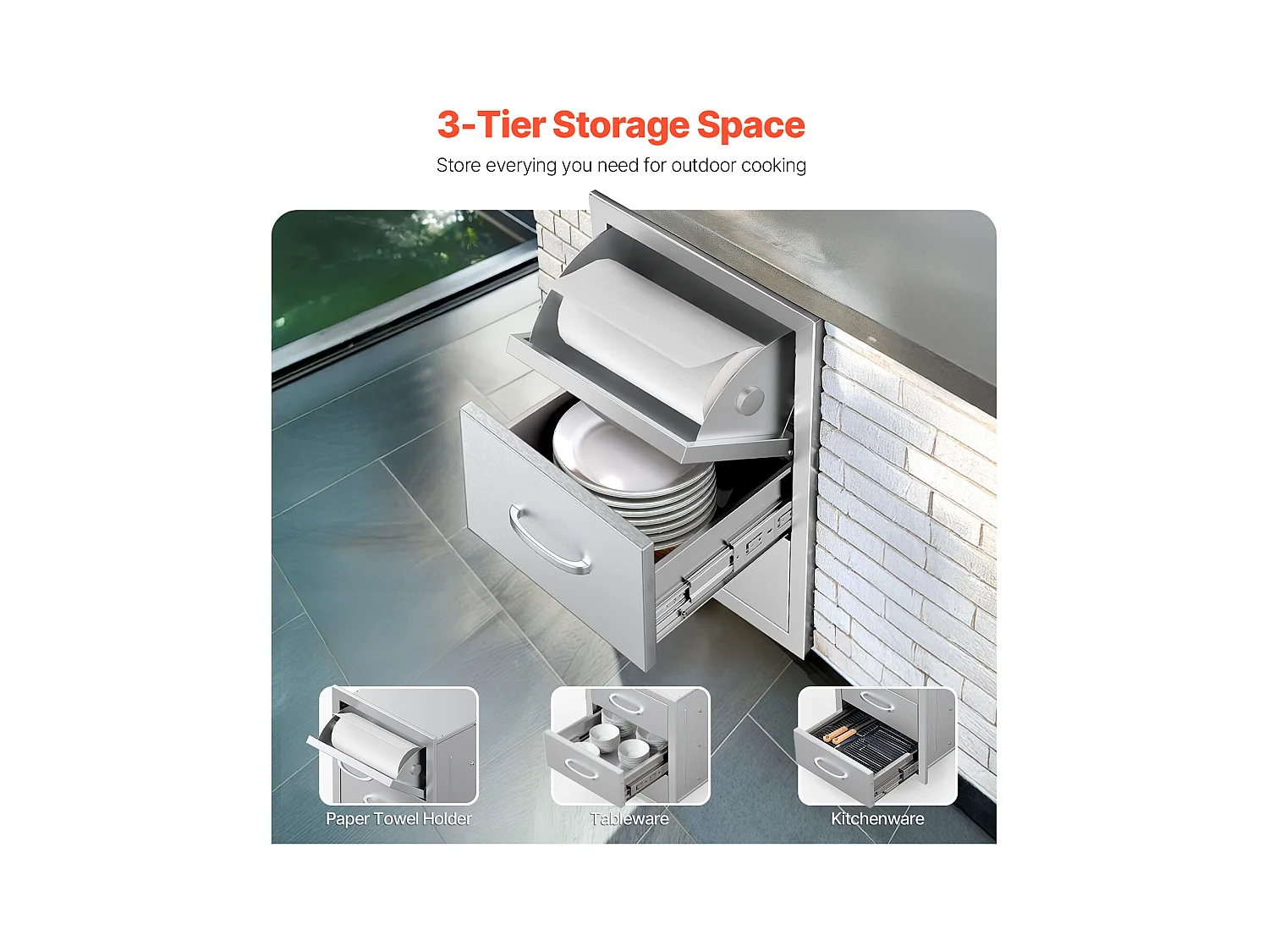 Küchenschubladen SucceBuy, aus Edelstahl, Dreifache Zugschubladen, 42 x 52 x 73,6 cm, mit Griff und Küchenrollenhalter, für die Außenküche