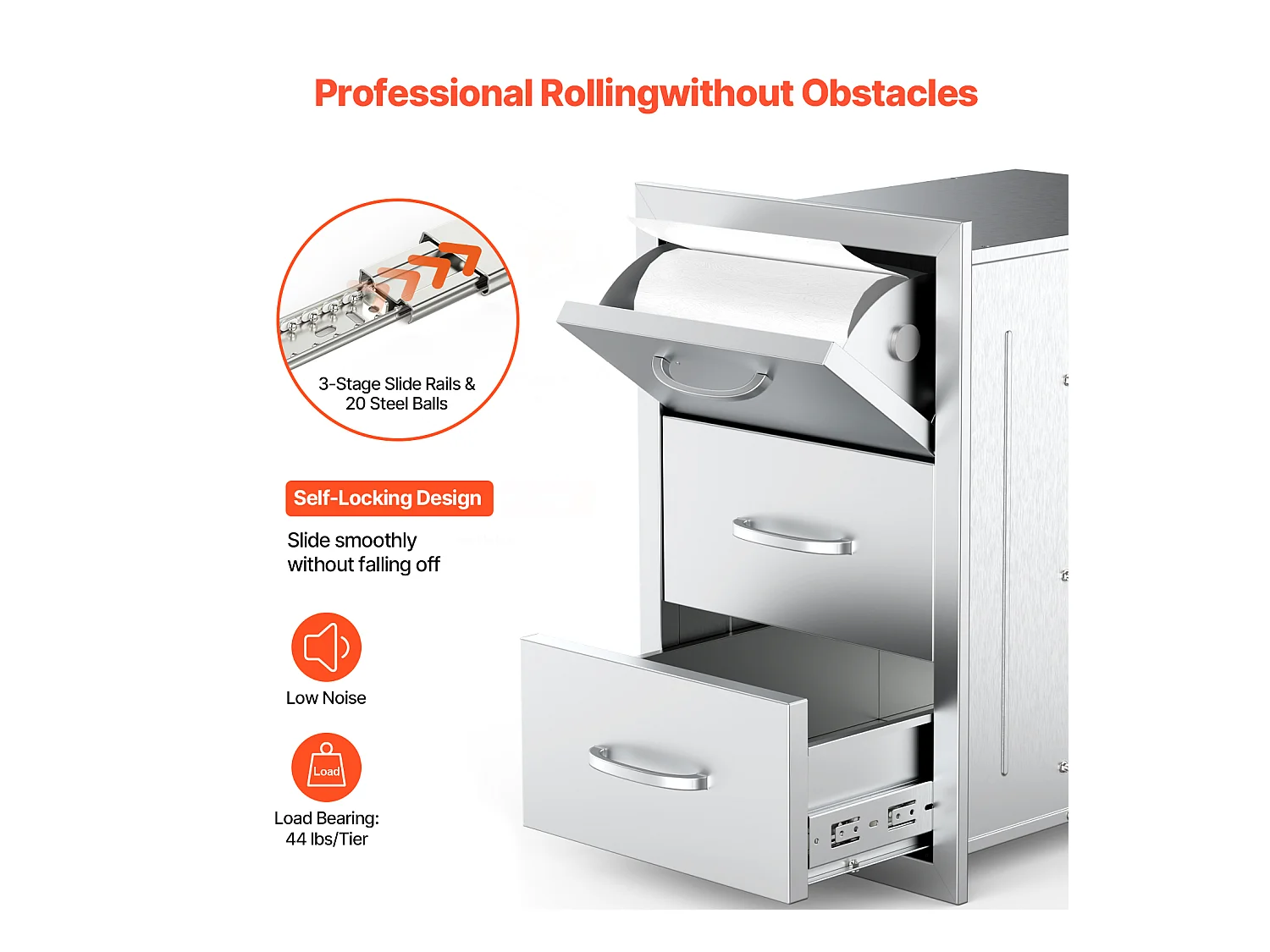 Küchenschubladen SucceBuy, aus Edelstahl, Dreifache Zugschubladen, 42 x 52 x 73,6 cm, mit Griff und Küchenrollenhalter, für die Außenküche