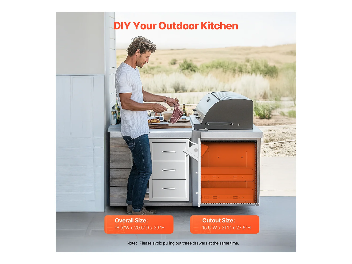 Szuflady Kuchenne SucceBuy, ze Stali Nierdzewnej, Potrójne Szuflady o Wymiarach, z Uchwytem i Uchwytem na Ręczniki Papierowe, do Kuchni na Świeżym Powietrzu