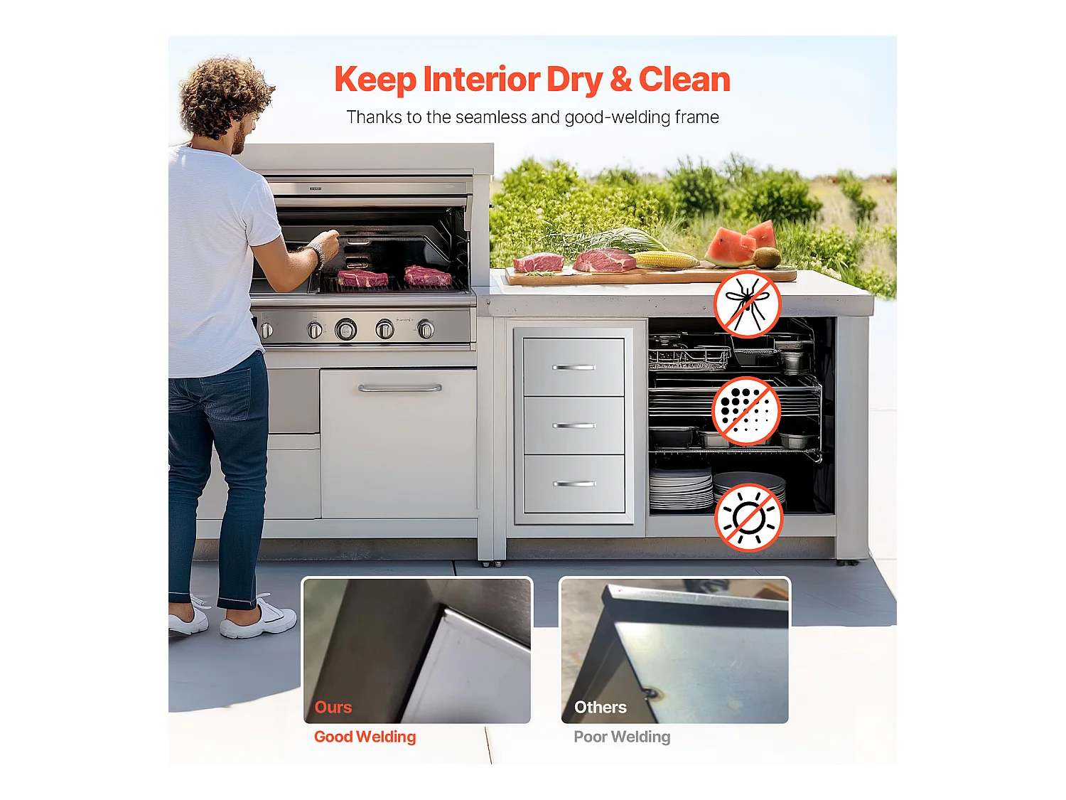 Szuflady Kuchenne SucceBuy, ze Stali Nierdzewnej, Potrójne Szuflady o Wymiarach, z Uchwytem i Uchwytem na Ręczniki Papierowe, do Kuchni na Świeżym Powietrzu