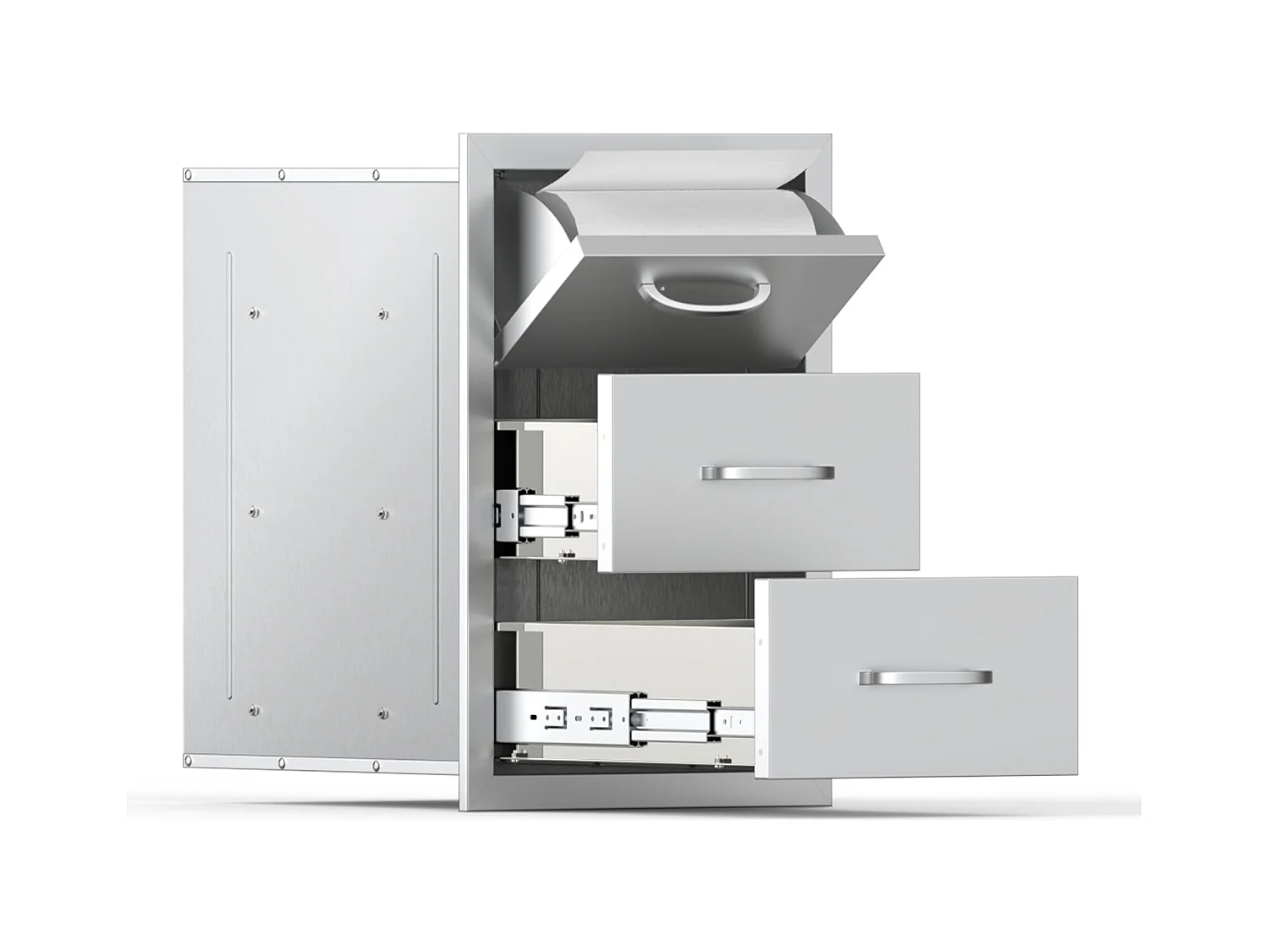 Szuflady Kuchenne SucceBuy, ze Stali Nierdzewnej, Potrójne Szuflady o Wymiarach, z Uchwytem i Uchwytem na Ręczniki Papierowe, do Kuchni na Świeżym Powietrzu