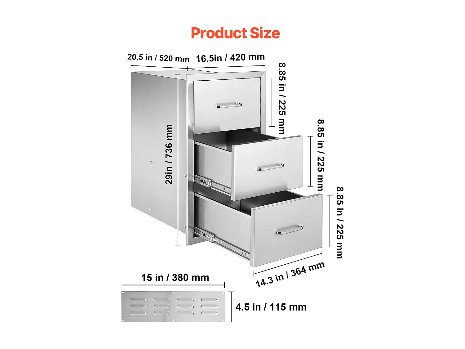Tiroirs de Cuisine SucceBuy, en Acier Inoxydable, Tiroirs d’Accès Triples de 42x52x73,6 cm avec Poignée et Porte-essuie-tout, pour Cuisine en Plein Air