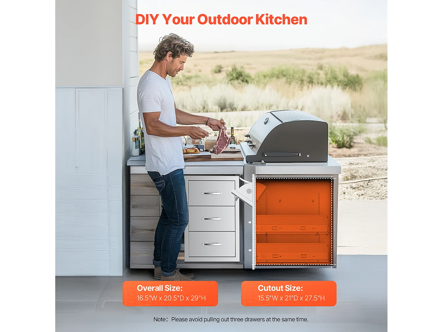 Tiroirs de Cuisine SucceBuy, en Acier Inoxydable, Tiroirs d’Accès Triples de 42x52x73,6 cm avec Poignée et Porte-essuie-tout, pour Cuisine en Plein Air