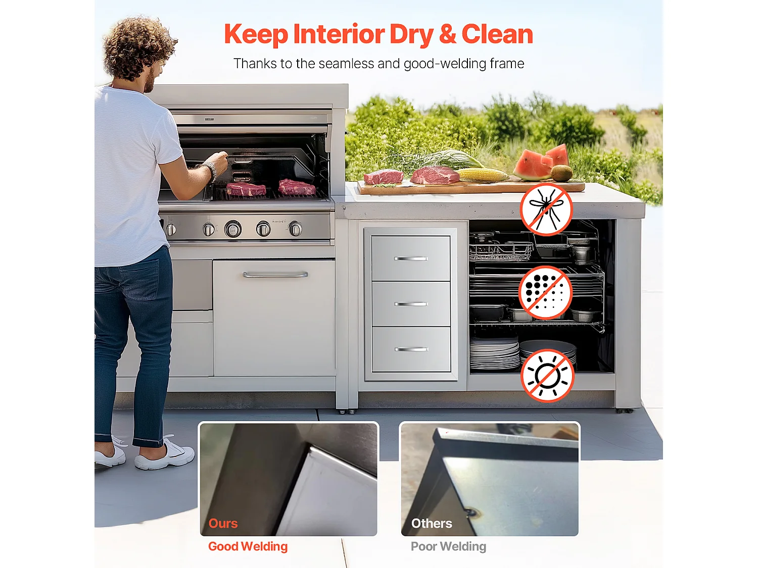 Tiroirs de Cuisine SucceBuy, en Acier Inoxydable, Tiroirs d’Accès Triples de 42x52x73,6 cm avec Poignée et Porte-essuie-tout, pour Cuisine en Plein Air