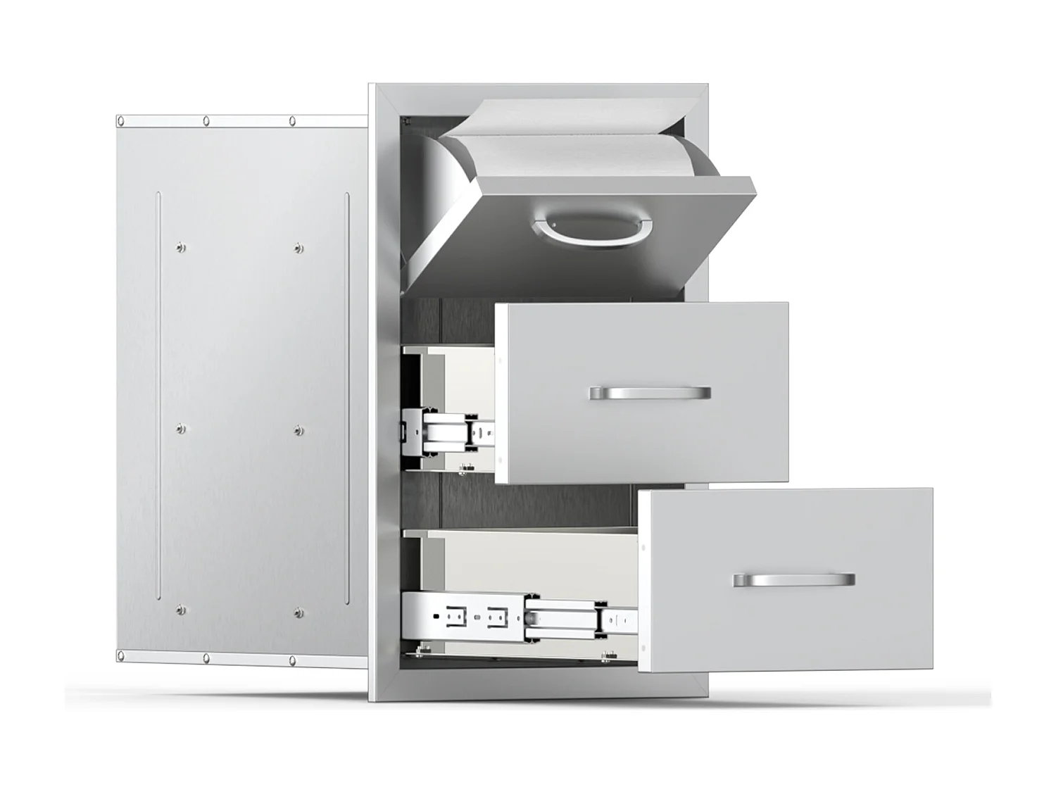 Tiroirs de Cuisine SucceBuy, en Acier Inoxydable, Tiroirs d’Accès Triples de 42x52x73,6 cm avec Poignée et Porte-essuie-tout, pour Cuisine en Plein Air