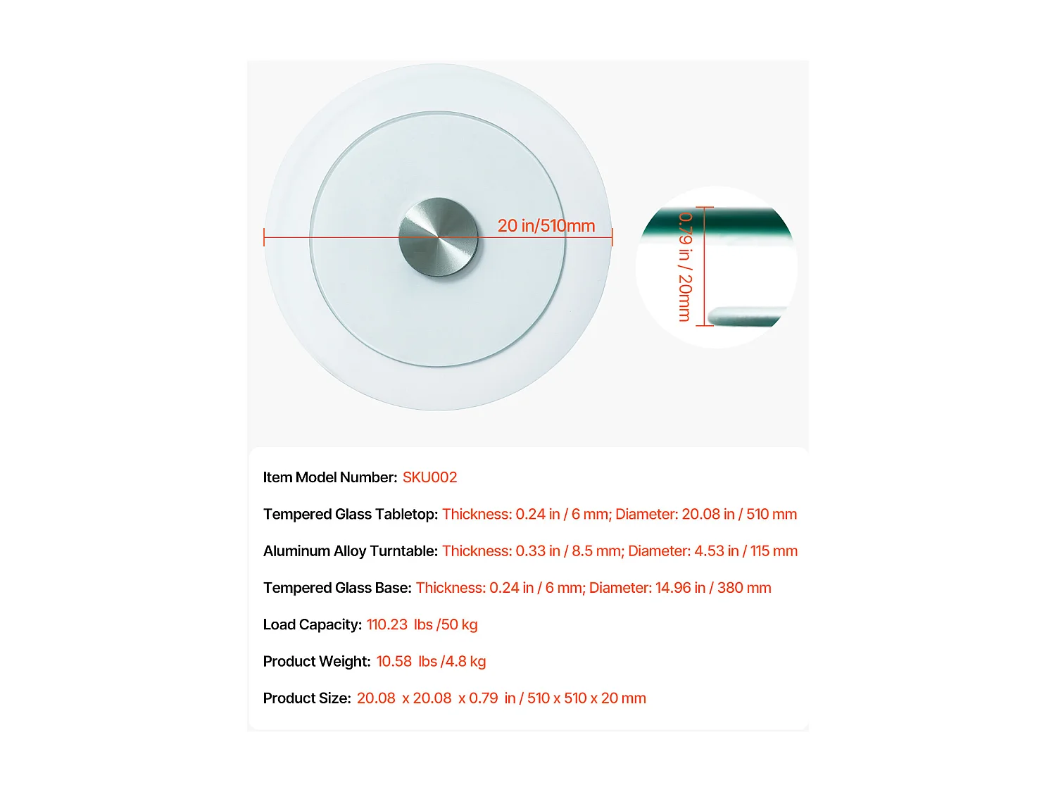 Ronde Draaitafel SucceBuy voor Tafel, 51 cm, 360° Draaibaar Dienblad, Tafelstuk van Transparant Gehard Glas, voor Banketten