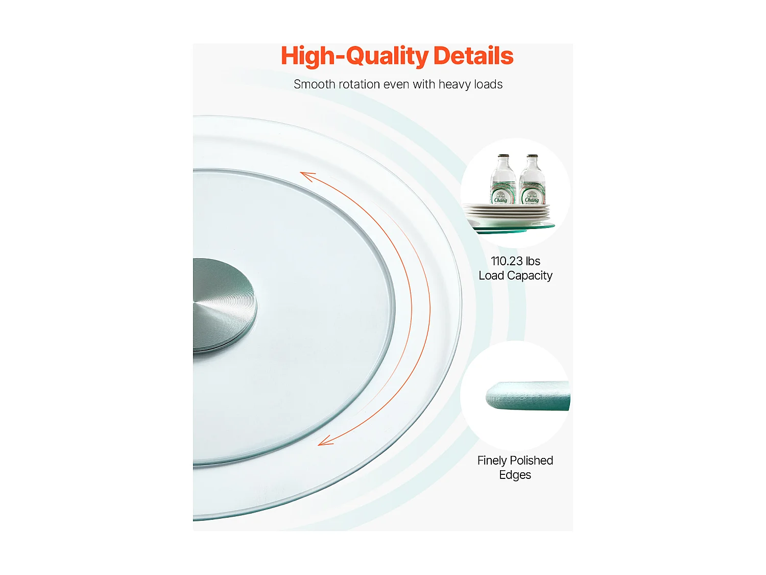 Plateau Tournant Rond SucceBuy pour Table, 51cm, Plateau de Service Rotatif à 360°, Centre de Table à Manger en Verre Trempé Transparent, pour Banquets