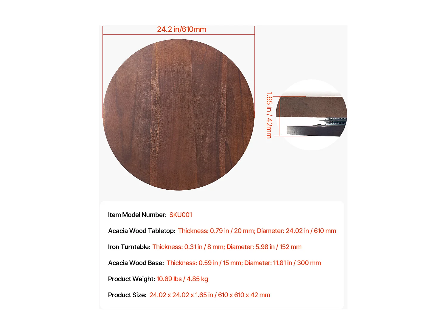 Rundes Drehtablett SucceBuy für den Tisch, 61 cm, um 360° drehbares Serviertablett, Tischdekoration aus Akazienholz, für Familienfeiern