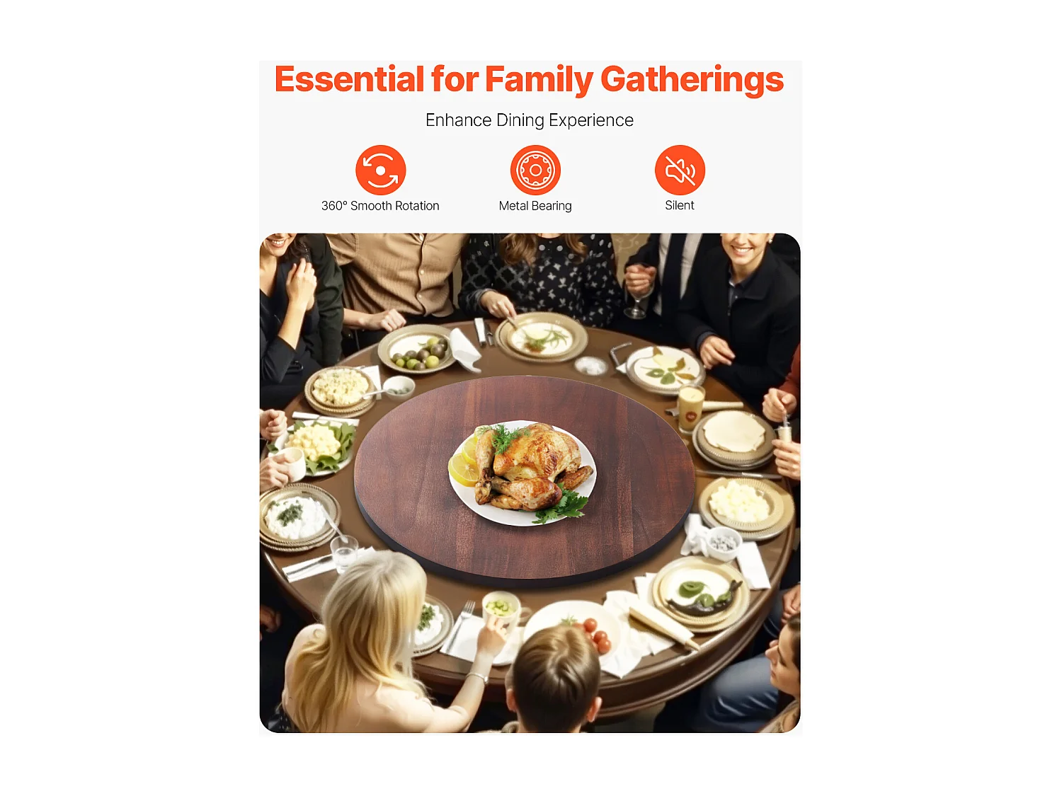Rundes Drehtablett SucceBuy für den Tisch, 61 cm, um 360° drehbares Serviertablett, Tischdekoration aus Akazienholz, für Familienfeiern