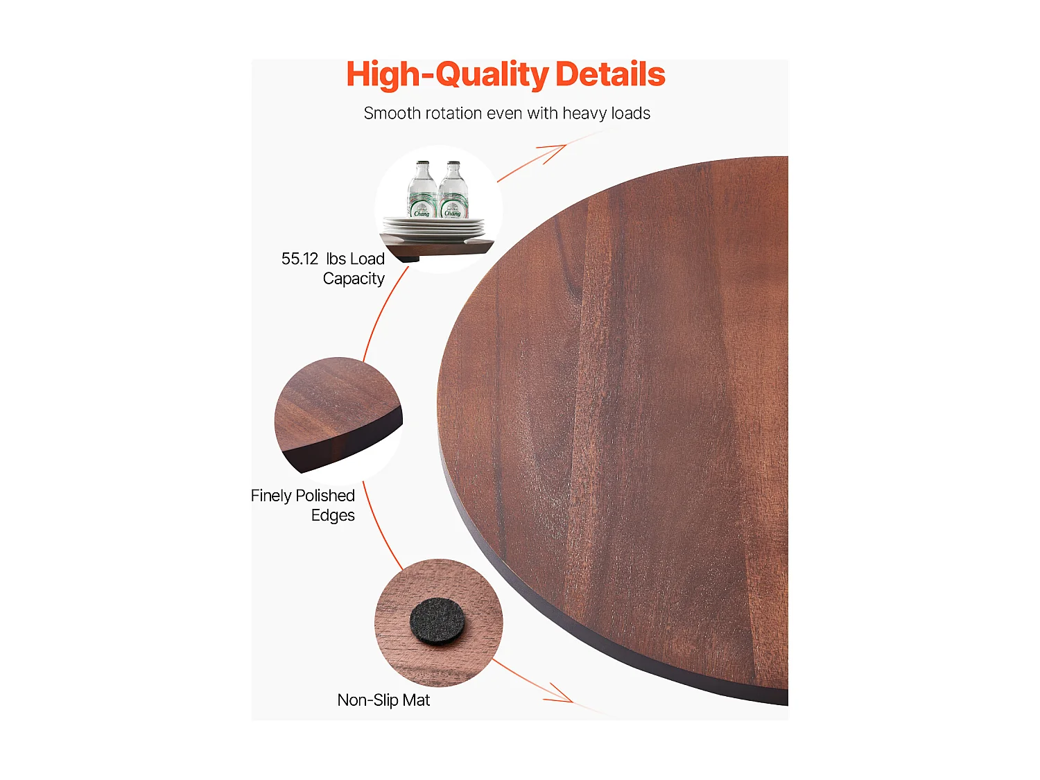 Rundes Drehtablett SucceBuy für den Tisch, 61 cm, um 360° drehbares Serviertablett, Tischdekoration aus Akazienholz, für Familienfeiern