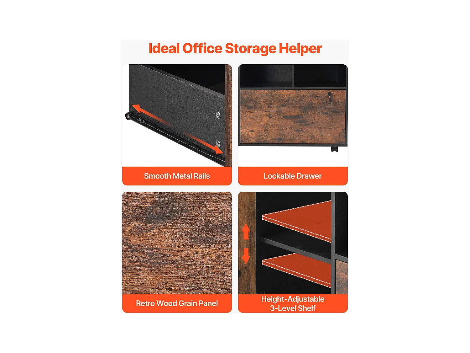 Classeur Dossier Mobile SucceBuy en Bois, Meuble de Rangement de Bureau avec Étagères Ouvertes et Tiroir Verrouillable, pour Bureau, Marron Rustique