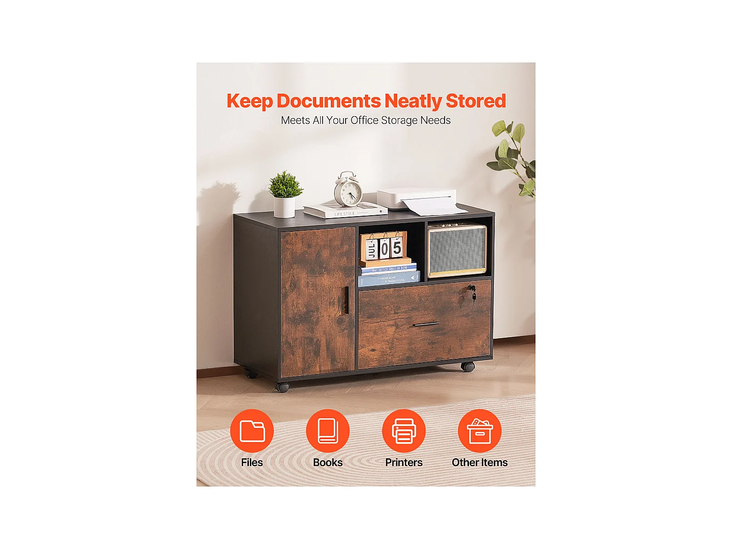 Classeur Dossier Mobile SucceBuy en Bois, Meuble de Rangement de Bureau avec Étagères Ouvertes et Tiroir Verrouillable, pour Bureau, Marron Rustique