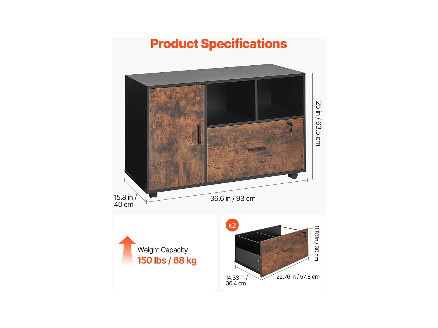 Classeur Dossier Mobile SucceBuy en Bois, Meuble de Rangement de Bureau avec Étagères Ouvertes et Tiroir Verrouillable, pour Bureau, Marron Rustique