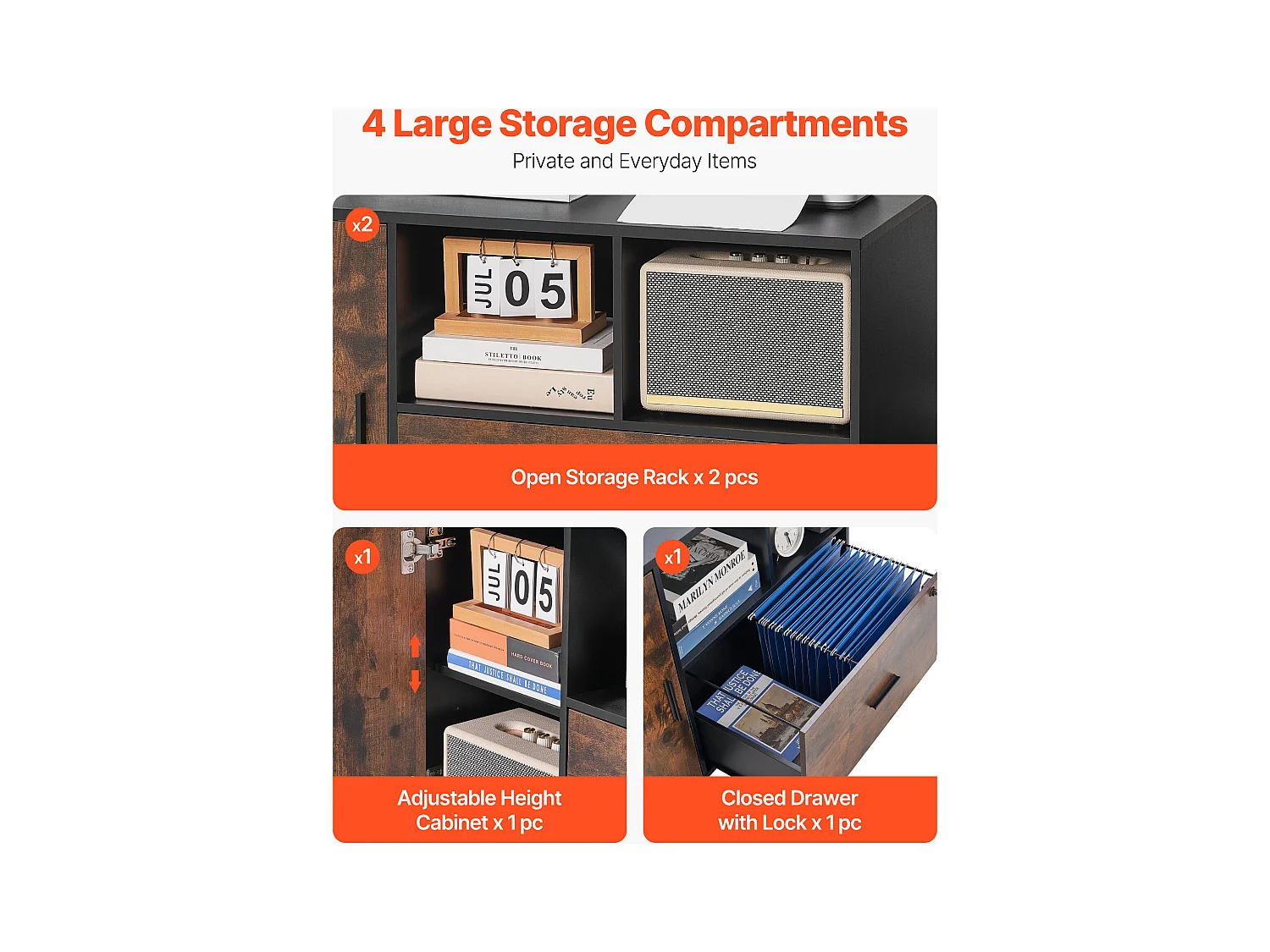 Classeur Dossier Mobile SucceBuy en Bois, Meuble de Rangement de Bureau avec Étagères Ouvertes et Tiroir Verrouillable, pour Bureau, Marron Rustique