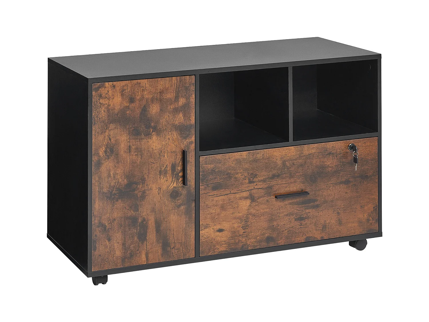 Classeur Dossier Mobile SucceBuy en Bois, Meuble de Rangement de Bureau avec Étagères Ouvertes et Tiroir Verrouillable, pour Bureau, Marron Rustique
