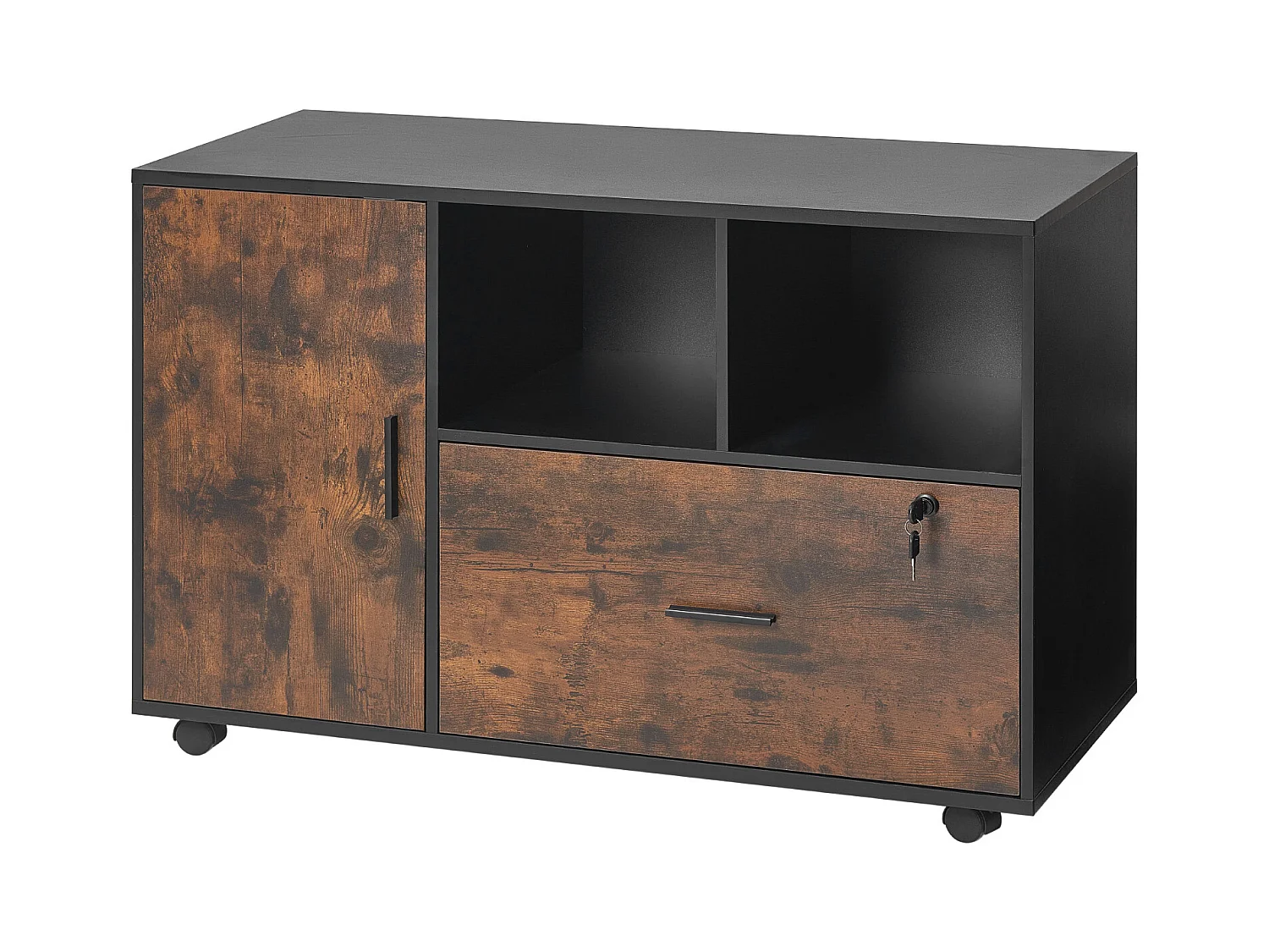 Classeur Dossier Mobile SucceBuy en Bois, Meuble de Rangement de Bureau avec Étagères Ouvertes et Tiroir Verrouillable, pour Bureau, Marron Rustique