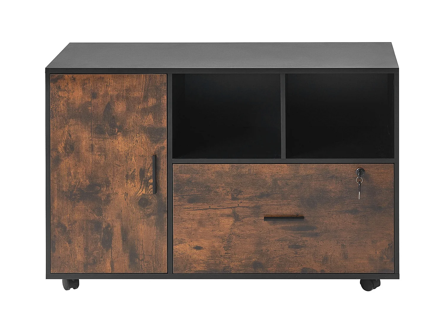 Rollcontainer SucceBuy aus Holz, Büroaufbewahrungsmöbel mit Offenen Regalen und Abschließbarer Schublade, für das Büro, Rustikal Braun