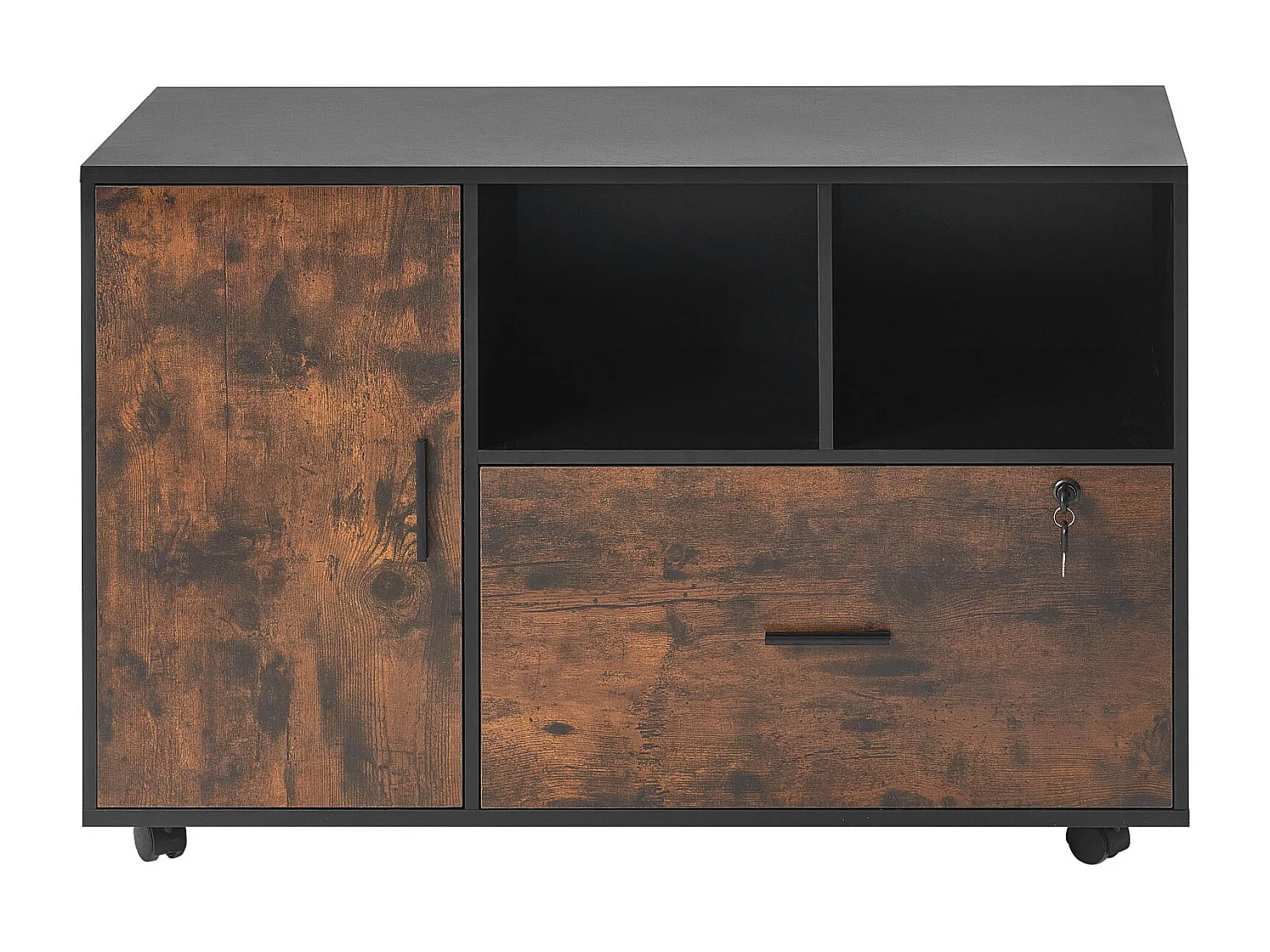 Classeur Dossier Mobile SucceBuy en Bois, Meuble de Rangement de Bureau avec Étagères Ouvertes et Tiroir Verrouillable, pour Bureau, Marron Rustique