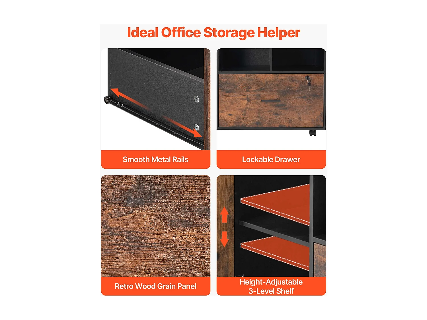 Classeur Dossier Mobile SucceBuy en Bois, Meuble de Rangement de Bureau avec Étagères Ouvertes et Tiroir Verrouillable, pour Bureau, Marron Rustique