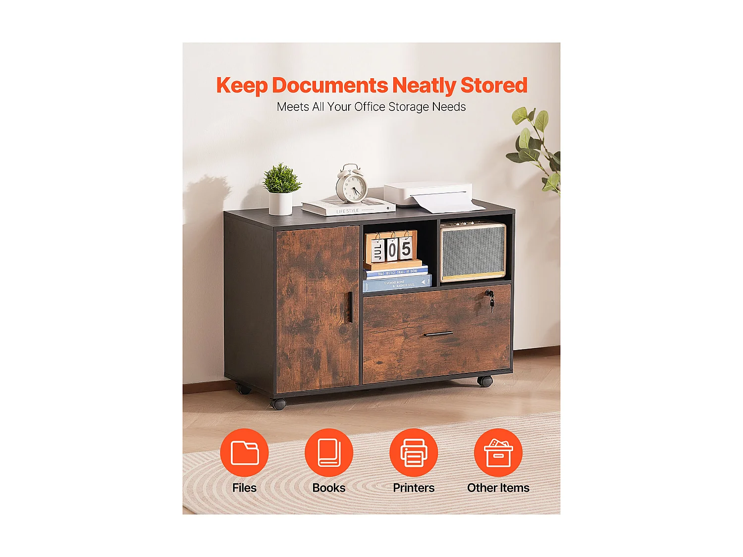 Classeur Dossier Mobile SucceBuy en Bois, Meuble de Rangement de Bureau avec Étagères Ouvertes et Tiroir Verrouillable, pour Bureau, Marron Rustique