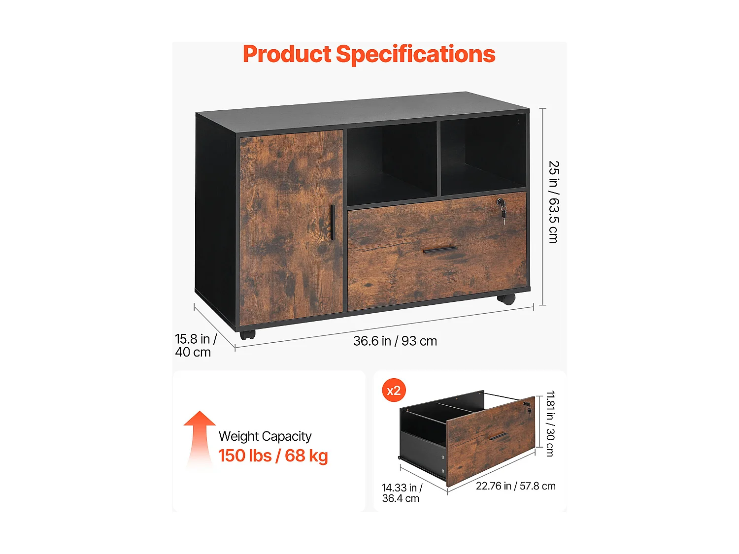 Classeur Dossier Mobile SucceBuy en Bois, Meuble de Rangement de Bureau avec Étagères Ouvertes et Tiroir Verrouillable, pour Bureau, Marron Rustique