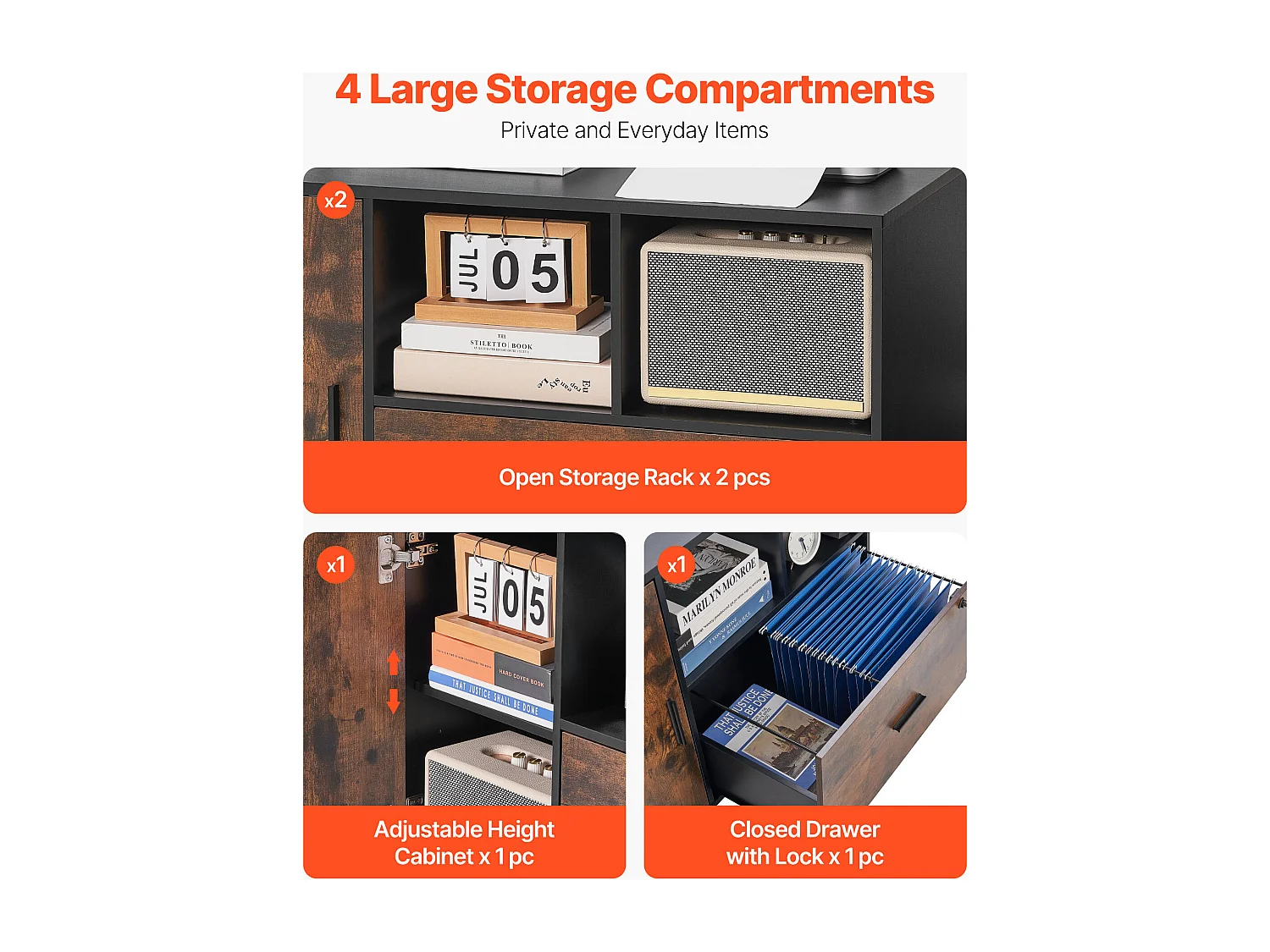 Classeur Dossier Mobile SucceBuy en Bois, Meuble de Rangement de Bureau avec Étagères Ouvertes et Tiroir Verrouillable, pour Bureau, Marron Rustique