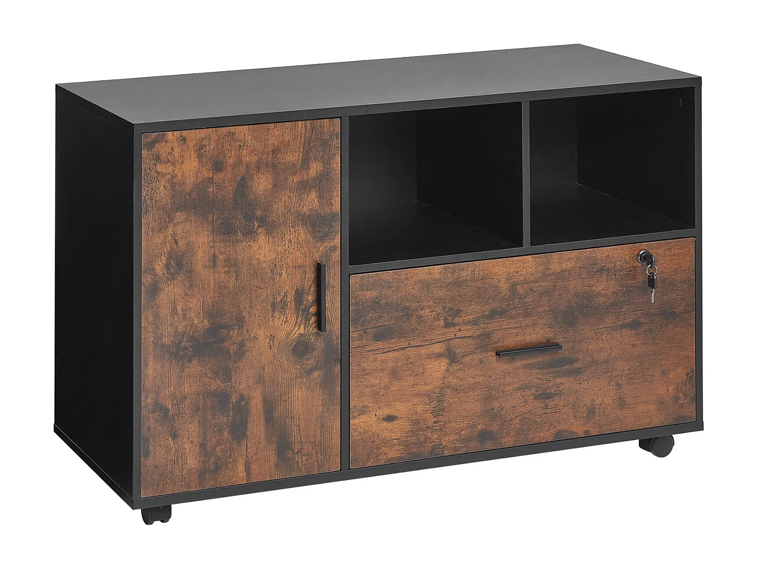 Classeur Dossier Mobile SucceBuy en Bois, Meuble de Rangement de Bureau avec Étagères Ouvertes et Tiroir Verrouillable, pour Bureau, Marron Rustique