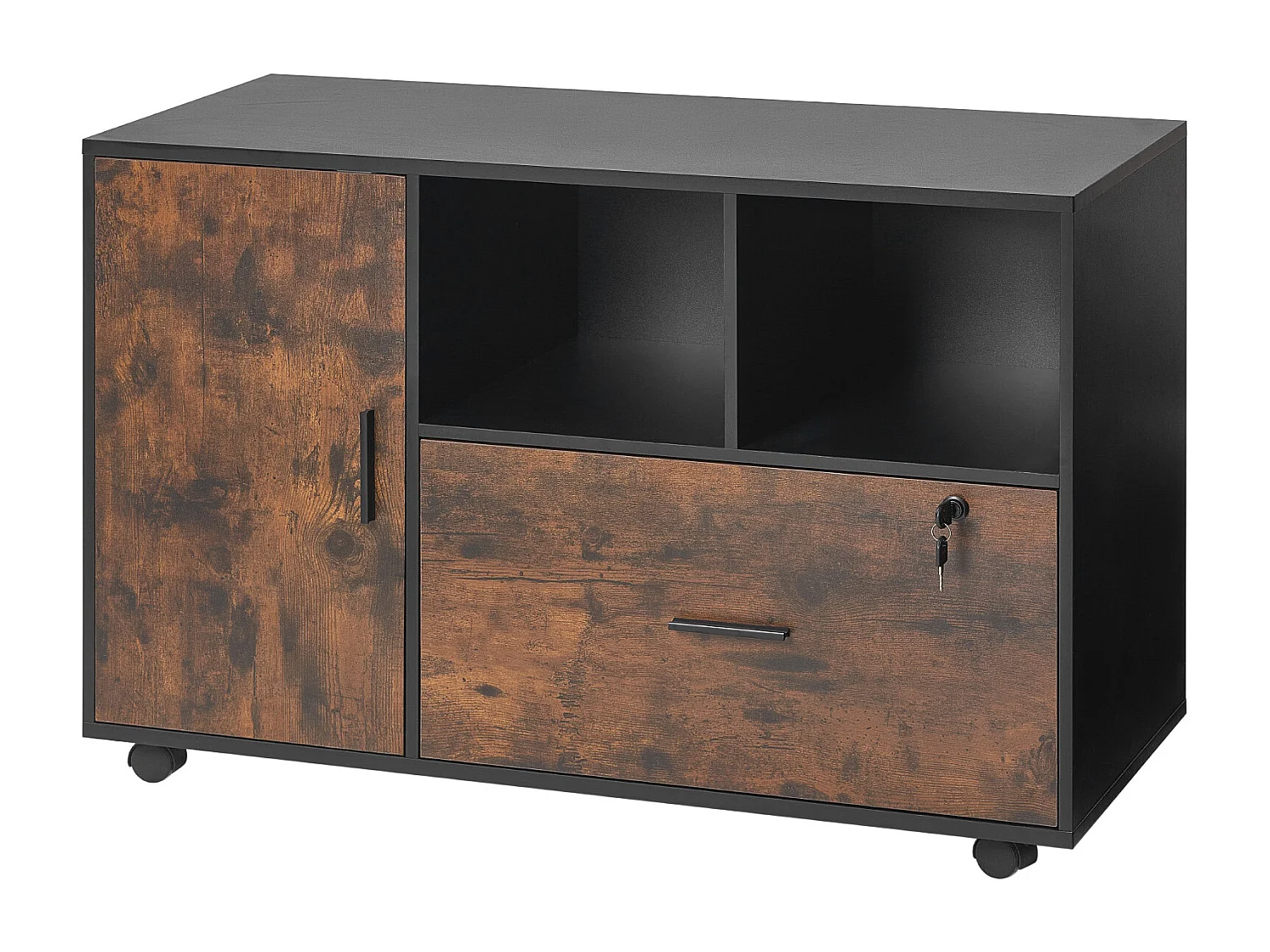 Classeur Dossier Mobile SucceBuy en Bois, Meuble de Rangement de Bureau avec Étagères Ouvertes et Tiroir Verrouillable, pour Bureau, Marron Rustique