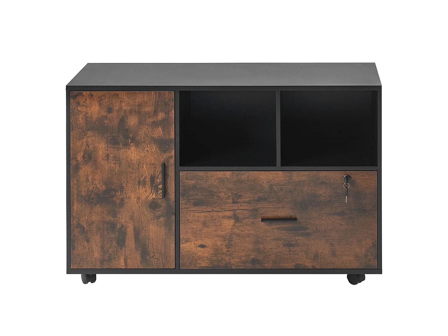 Archivador Móvil SucceBuy de Madera, Mueble de Oficina con Estantes Abiertos y Cajón con Ruedas Bloqueables, para Oficina, Marrón Rústico