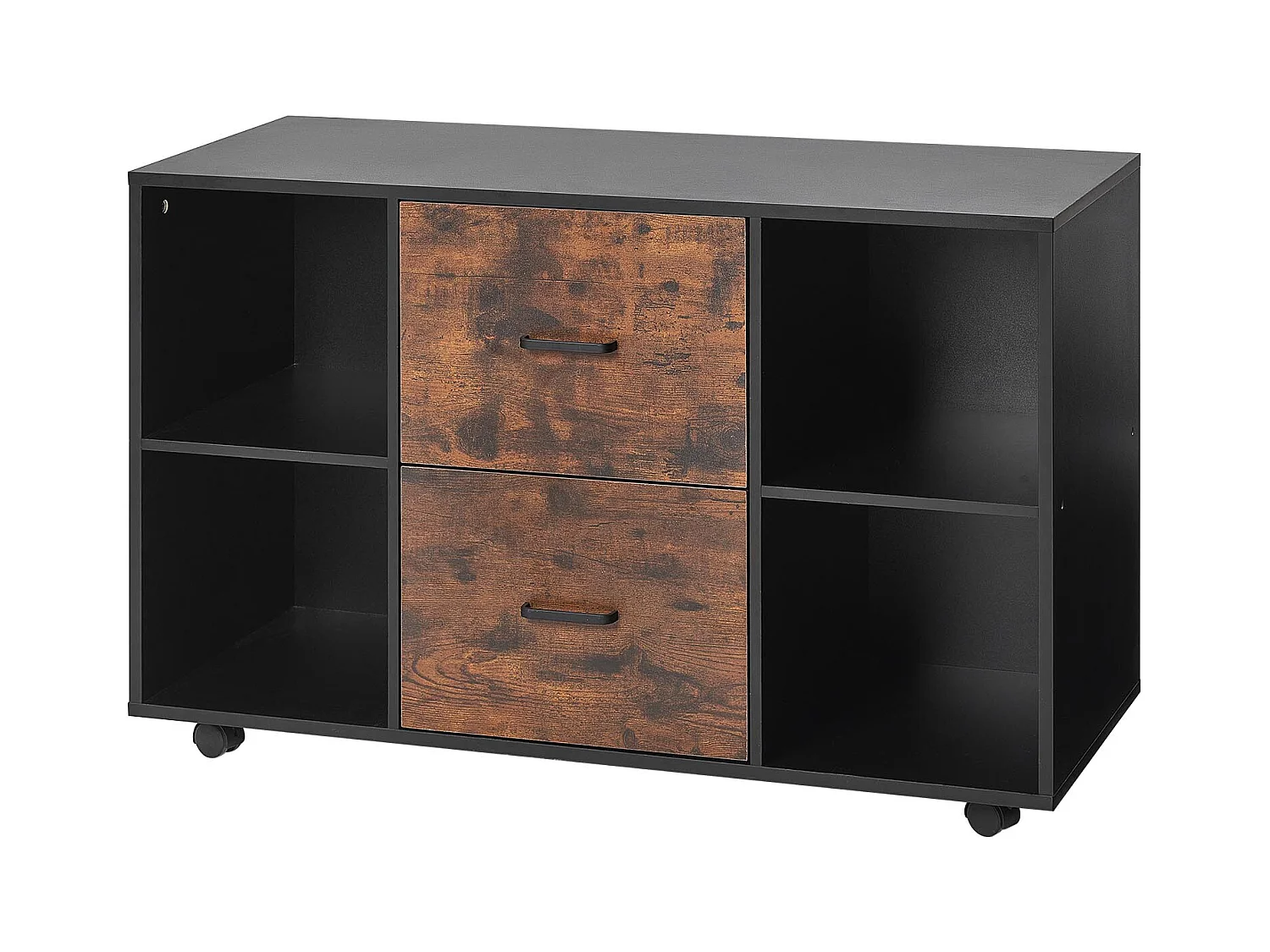 Classeur Dossier Mobile SucceBuy en Bois, Meuble de Rangement de Bureau à 2 Tiroirs avec Étagères Ouvertes et Roulettes Verrouillables, pour Bureau, Noir