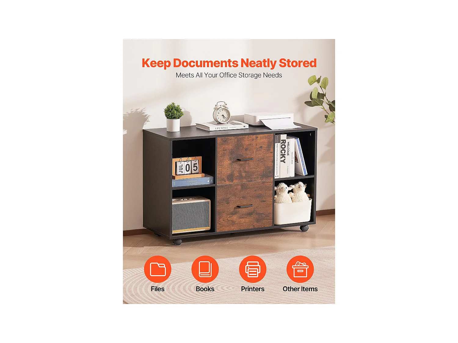 Classeur Dossier Mobile SucceBuy en Bois, Meuble de Rangement de Bureau à 2 Tiroirs avec Étagères Ouvertes et Roulettes Verrouillables, pour Bureau, Noir