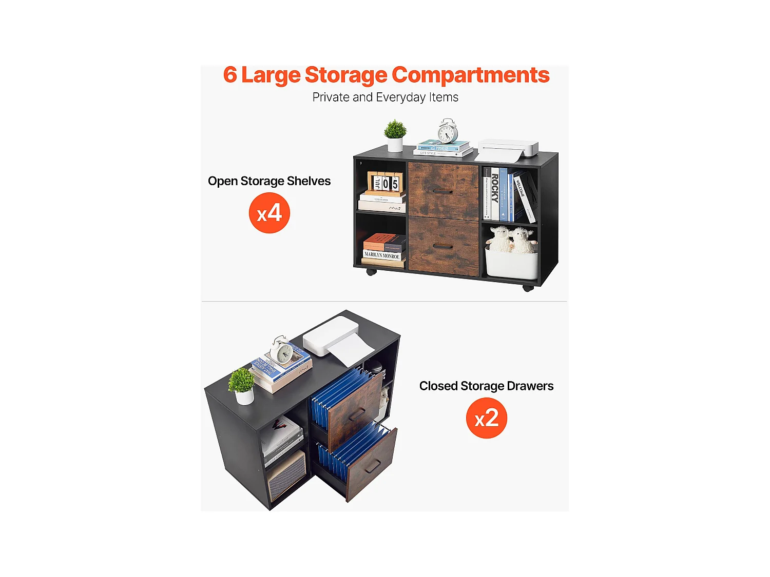 Classeur Dossier Mobile SucceBuy en Bois, Meuble de Rangement de Bureau à 2 Tiroirs avec Étagères Ouvertes et Roulettes Verrouillables, pour Bureau, Noir