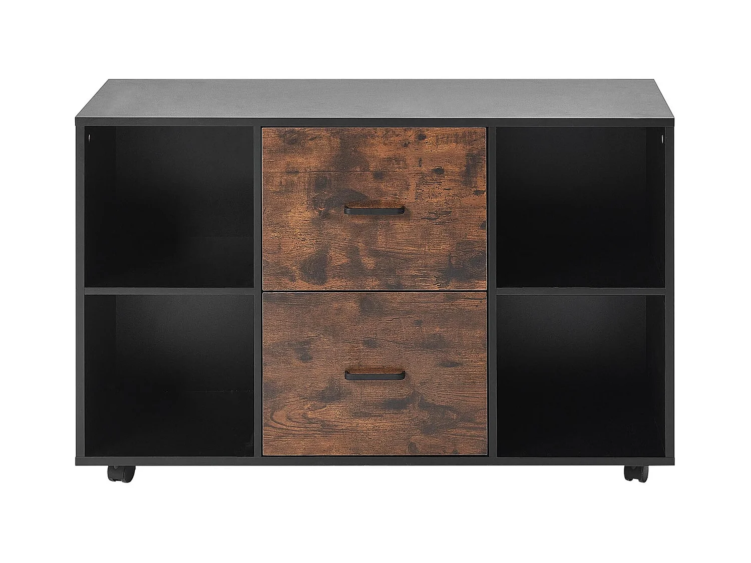 Classeur Dossier Mobile SucceBuy en Bois, Meuble de Rangement de Bureau à 2 Tiroirs avec Étagères Ouvertes et Roulettes Verrouillables, pour Bureau, Noir