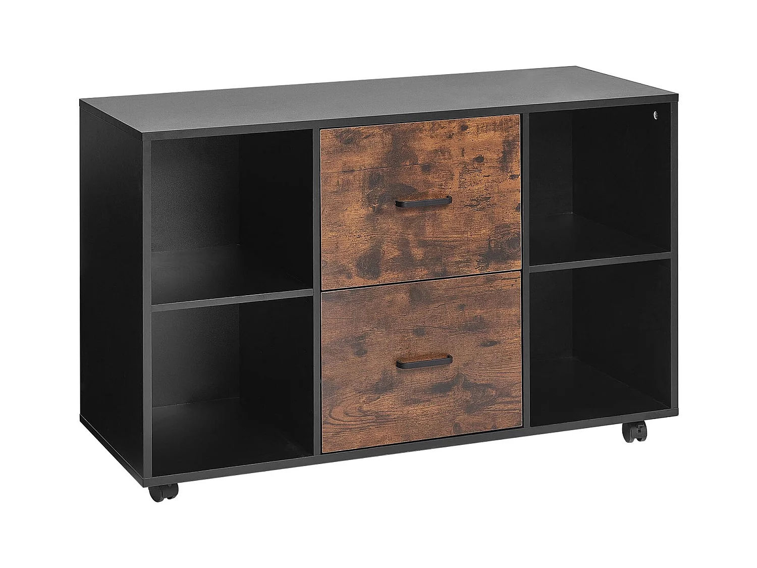 Classeur Dossier Mobile SucceBuy en Bois, Meuble de Rangement de Bureau à 2 Tiroirs avec Étagères Ouvertes et Roulettes Verrouillables, pour Bureau, Noir